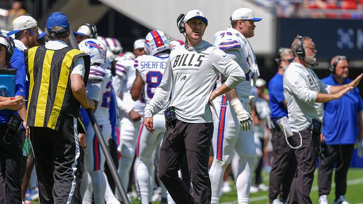 Aug 15, 2026; Orchard Park, New York, USA; Buffalo Bills head coach Joe Brady looks on from the sidelines during the first half against the Carolina Panthers at New Highmark Stadium. Aug 15, 2026; Orchard Park, New York, USA; Buffalo Bills head coach Joe Brady looks on from the sidelines during the first half against the Carolina Panthers at New Highmark Stadium.