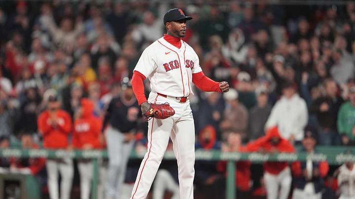Sep 23, 2026; Boston, Massachusetts, USA; Boston Red Sox pitcher Aroldis Chapman (44) reacts to getting the final out against the Cleveland Guardians during the ninth inning at Fenway Park. Mandatory Credit: Gregory Fisher-Imagn Images Sep 23, 2026; Boston, Massachusetts, USA; Boston Red Sox pitcher Aroldis Chapman (44) reacts to getting the final out against the Cleveland Guardians during the ninth inning at Fenway Park. Mandatory Credit: Gregory Fisher-Imagn Images