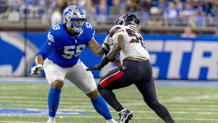 Aug 23, 2025; Detroit, Michigan, USA; Detroit Lions offensive tackle Giovanni Manu (59) defends against Houston Texans defensive end Solomon Byrd (50) during the second half at Ford Field. Mandatory Credit: David Reginek-Imagn Images