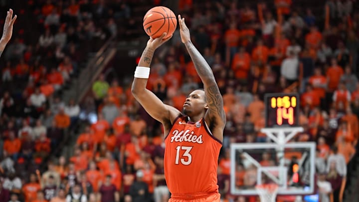 Feb 21, 2026; Blacksburg, Virginia, USA;  Virginia Tech Hokies forward Amani Hansberry (13) shoots a shot against the Wake Forest Demon Deacons during the second half at Cassell Coliseum. Mandatory Credit: Brian Bishop-Imagn Images