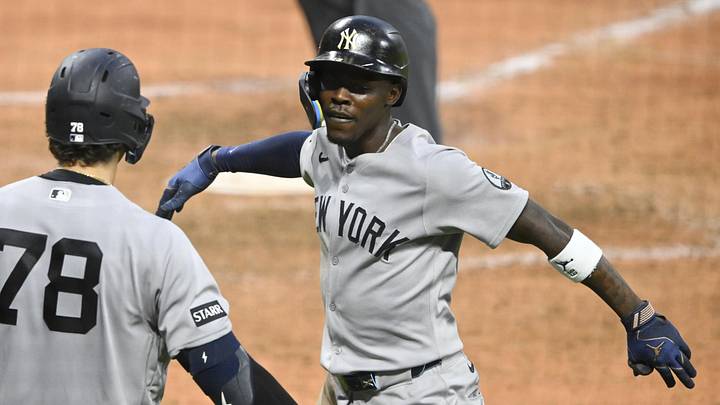 Jun 9, 2026; Cleveland, Ohio, USA; New York Yankees second baseman Jazz Chisholm Jr. (13) celebrates his solo home run in the eighth inning against the Cleveland Guardians at Progressive Field. Mandatory Credit: David Richard-Imagn Images Jun 9, 2026; Cleveland, Ohio, USA; New York Yankees second baseman Jazz Chisholm Jr. (13) celebrates his solo home run in the eighth inning against the Cleveland Guardians at Progressive Field. Mandatory Credit: David Richard-Imagn Images