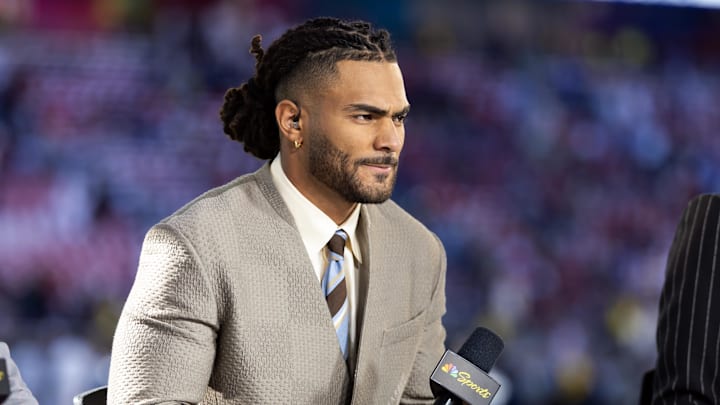 Feb 8, 2026; Santa Clara, CA, USA; NBC Sports analyst Fred Warner prior to the New England Patriots game against the Seattle Seahawks in Super Bowl LX at Levi's Stadium. Mandatory Credit: Mark J. Rebilas-Imagn Images