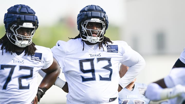 Jul 24, 2025; Nashville, TN, USA;  Tennessee Titans defensive tackle T'Vondre Sweat (93) goes through drills during training camp at Ascension Saint Thomas Sports Park. Mandatory Credit: Steve Roberts-Imagn Images