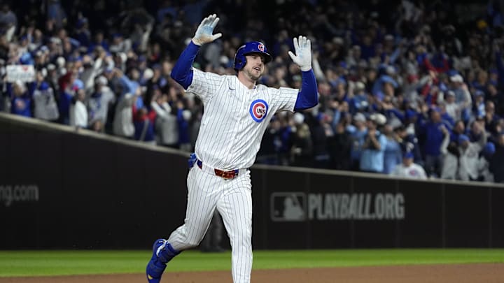 Oct 9, 2025; Chicago, Illinois, USA; Chicago Cubs right fielder Kyle Tucker (30) reacts after hitting a home run against the Milwaukee Brewers during the seventh inning for game four of the NLDS round for the 2025 MLB playoffs at Wrigley Field. Mandatory Credit: David Banks-Imagn Images
