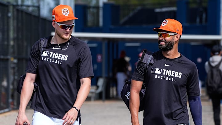 Detroit Tigers outfielder Meadows talks to outfielder Greene as they walk off the fields after practice during spring training at TigerTown in Lakeland, Fla. on Tuesday, Feb. 18, 2025.