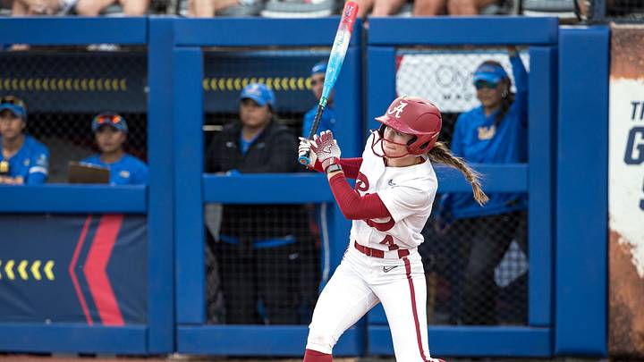 May 28, 2026; Oklahoma City, OK, USA; Alabama Crimson Tide infielder Jena Young (4) hits a single in the third inning against the UCLA Bruins during the NCAA Women’s College World Series at Devon Park. Alabama won 6-3. May 28, 2026; Oklahoma City, OK, USA; Alabama Crimson Tide infielder Jena Young (4) hits a single in the third inning against the UCLA Bruins during the NCAA Women’s College World Series at Devon Park. Alabama won 6-3.