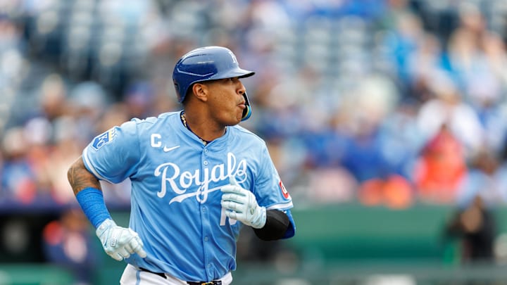 Apr 27, 2025; Kansas City, Missouri, USA; Kansas City Royals catcher Salvador Perez (13) runs to first base after a hit during the sixth inning against the Houston Astros at Kauffman Stadium. Mandatory Credit: William Purnell-Imagn Images