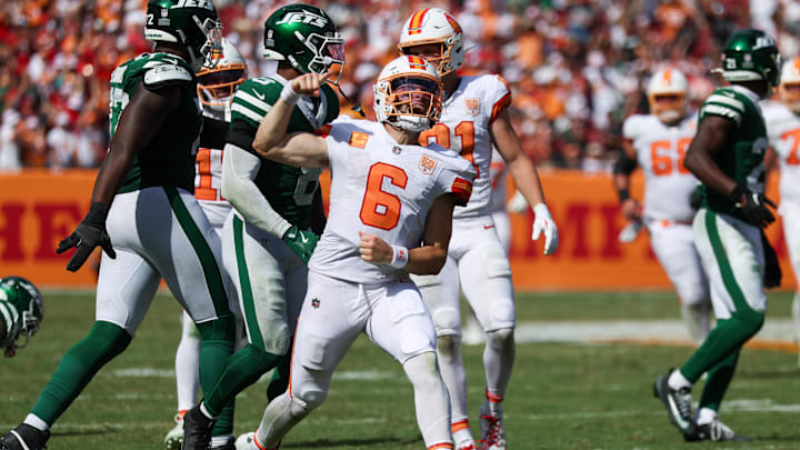 Sep 21, 2025; Tampa, Florida, USA; Tampa Bay Buccaneers quarterback Baker Mayfield (6) reacts after a run against the New York Jets in the fourth quarter at Raymond James Stadium. Mandatory Credit: Nathan Ray Seebeck-Imagn Images Sep 21, 2025; Tampa, Florida, USA; Tampa Bay Buccaneers quarterback Baker Mayfield (6) reacts after a run against the New York Jets in the fourth quarter at Raymond James Stadium. Mandatory Credit: Nathan Ray Seebeck-Imagn Images
