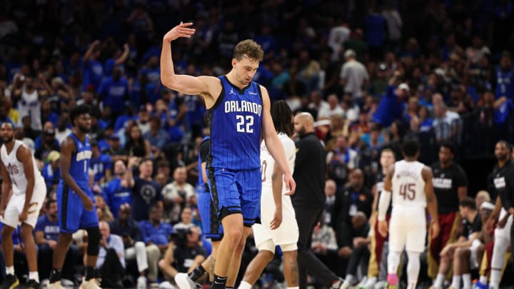 Apr 27, 2024; Orlando, Florida, USA; Orlando Magic forward Franz Wagner (22) reacts after a basket