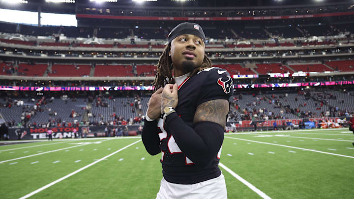 Dec 14, 2025; Houston, Texas, USA; Houston Texans cornerback Derek Stingley Jr. (24) walks off the field after the game against the Arizona Cardinals at NRG Stadium. Mandatory Credit: Troy Taormina-Imagn Images