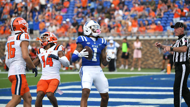 Sep 6, 2025; Durham, North Carolina, USA;  Duke Blue Devils safety Terry Moore (1) celebrates a touchdown in the third quarter against the Illinois Fighting Illini at Wallace Wade Stadium. Mandatory Credit: Zachary Taft-Imagn Images