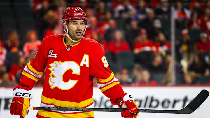 Dec 31, 2025; Calgary, Alberta, CAN; Calgary Flames center Nazem Kadri (91) against the Philadelphia Flyers during the second period at Scotiabank Saddledome. Mandatory Credit: Sergei Belski-Imagn Images Dec 31, 2025; Calgary, Alberta, CAN; Calgary Flames center Nazem Kadri (91) against the Philadelphia Flyers during the second period at Scotiabank Saddledome. Mandatory Credit: Sergei Belski-Imagn Images
