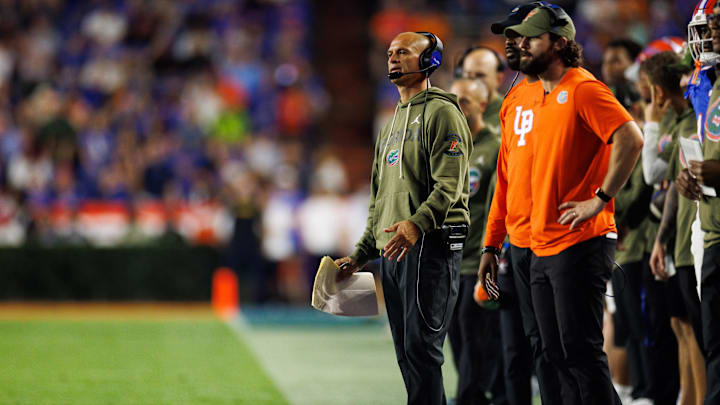 Nov 22, 2025; Gainesville, Florida, USA; Florida Gators interim head coach Billy Gonzales looks on against the Tennessee Volunteers during the second half at Ben Hill Griffin Stadium. Mandatory Credit: Matt Pendleton-Imagn Images