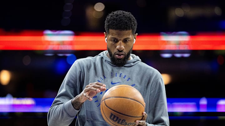 Feb 20, 2025; Philadelphia, Pennsylvania, USA; Philadelphia 76ers forward Paul George (8) warms up before a game against the Boston Celtics at Wells Fargo Center. Mandatory Credit: Bill Streicher-Imagn Images