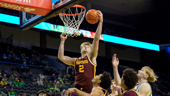 Minnesota forward Grayson Grove pulls down a rebound as the Oregon Ducks host the Minnesota Golden Gophers on Feb. 17, 2026, at Matthew Knight Arena in Eugene, Oregon.