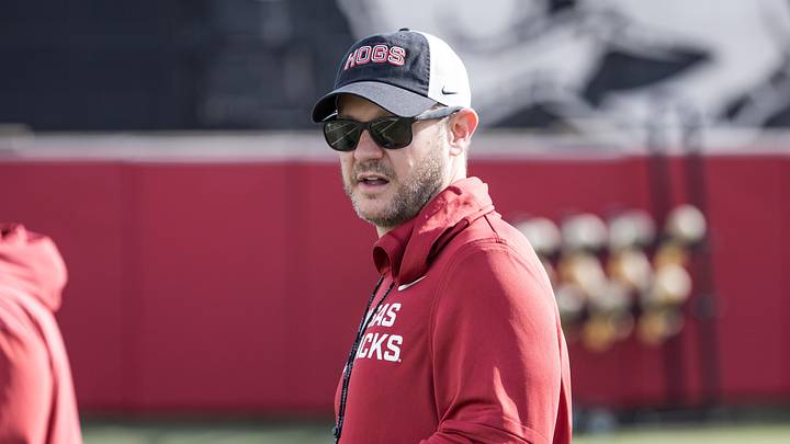 Apr 2, 2026; Fayetteville, AR, USA; Arkansas Razorbacks head coach Ryan Silverfield looks over the field during spring practice at the Arkansas Razorbacks practice facilities. Mandatory Credit: Brett Rojo-Imagn Images Apr 2, 2026; Fayetteville, AR, USA; Arkansas Razorbacks head coach Ryan Silverfield looks over the field during spring practice at the Arkansas Razorbacks practice facilities. Mandatory Credit: Brett Rojo-Imagn Images