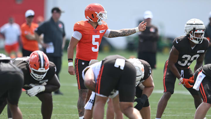 Jul 28, 2025; Berea, OH, USA; Cleveland Browns quarterback Dillon Gabriel (5) runs the offense during training camp at CrossCountry Mortgage Campus. Mandatory Credit: Ken Blaze-Imagn Images