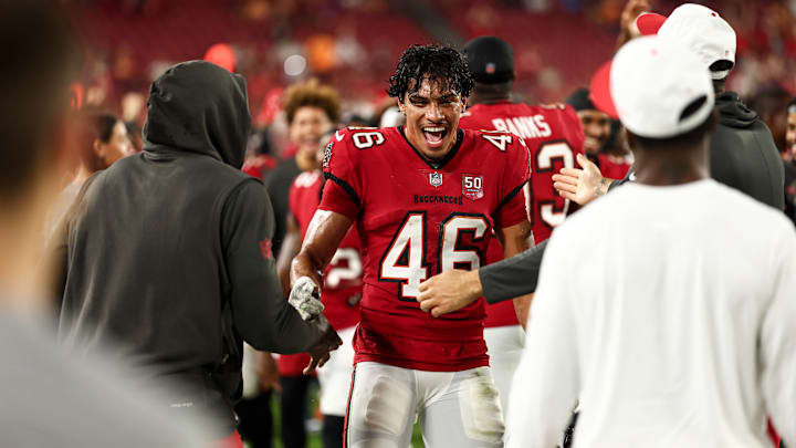 Buccaneers CB Roman Parodie celebrating his pick-six during the Buccaneers‘ preseason opener against the Tennessee Titans. 