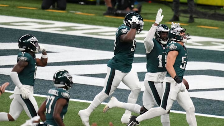 Feb 9, 2025; New Orleans, LA, USA; Philadelphia Eagles linebacker Zack Baun (53) reacts after making an interception against the Kansas City Chiefs during the second quarter in Super Bowl LIX at Caesars Superdome. Mandatory Credit: Kirby Lee-Imagn Images