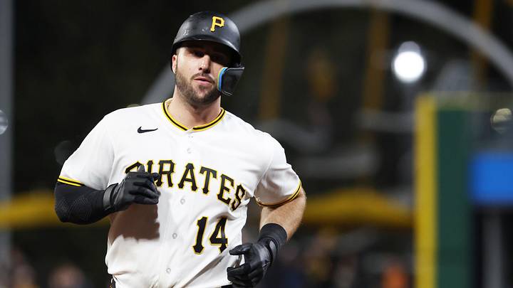 Apr 14, 2026; Pittsburgh, Pennsylvania, USA;  Pittsburgh Pirates catcher Joey Bart (14) circles the bases on a solo home run against the Washington Nationals during the fifth inning at PNC Park. Mandatory Credit: Charles LeClaire-Imagn Images