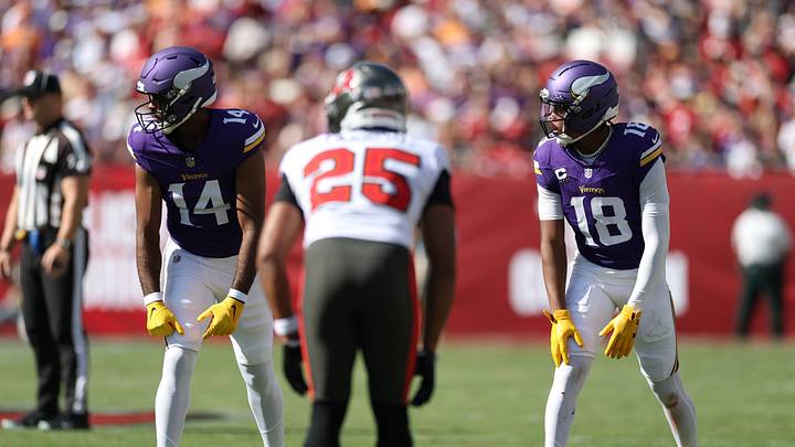 Minnesota Vikings wide receiver Jauan Jennings (14) and wide receiver Justin Jefferson (18) Minnesota Vikings wide receiver Jauan Jennings (14) and wide receiver Justin Jefferson (18)