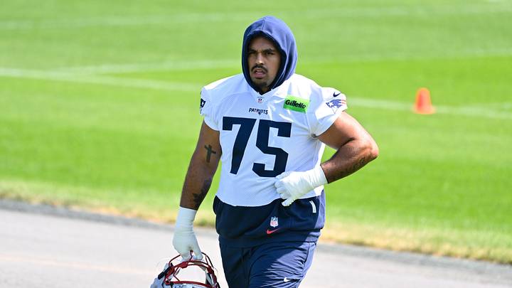 Jul 25, 2026; Foxborough, MA, USA; New England Patriots guard Alijah Vera-Tucker (75) walks to the practice field at training camp at Gillette Stadium. Mandatory Credit: Eric Canha-Imagn Images Jul 25, 2026; Foxborough, MA, USA; New England Patriots guard Alijah Vera-Tucker (75) walks to the practice field at training camp at Gillette Stadium. Mandatory Credit: Eric Canha-Imagn Images