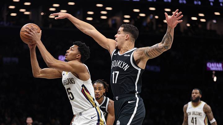 Dec 6, 2025; Brooklyn, New York, USA; New Orleans Pelicans forward Trey Murphy III (25) goes to the basket against Brooklyn Nets forward Michael Porter Jr. (17) during the first quarter at Barclays Center. Mandatory Credit: Vincent Carchietta-Imagn Images Dec 6, 2025; Brooklyn, New York, USA; New Orleans Pelicans forward Trey Murphy III (25) goes to the basket against Brooklyn Nets forward Michael Porter Jr. (17) during the first quarter at Barclays Center. Mandatory Credit: Vincent Carchietta-Imagn Images