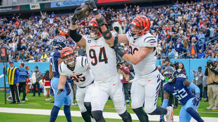 Cincinnati Bengals defensive end Sam Hubbard (94) celebrates a touchdown against the Tennessee Titans during the second quarter at Nissan Stadium in Nashville, Tenn., Sunday, Dec. 15, 2024.