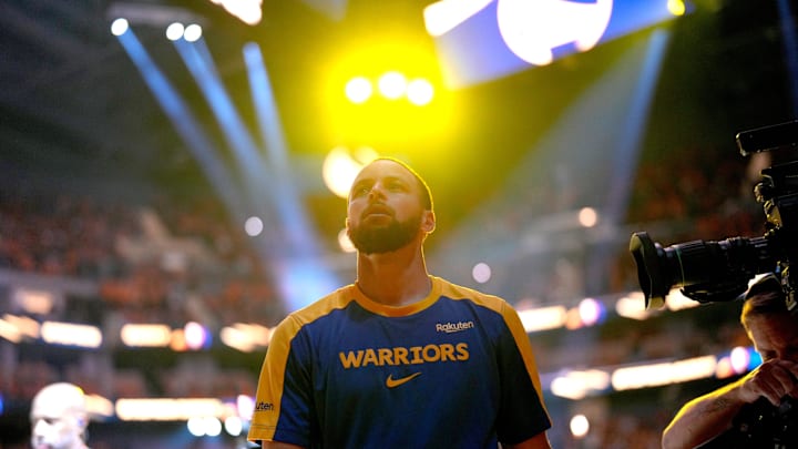 May 2, 2025; San Francisco, California, USA; Golden State Warriors guard Stephen Curry (30) is introduced against the Houston Rockets before the start of game six of the first round for the 2025 NBA Playoffs at Chase Center. Mandatory Credit: Cary Edmondson-Imagn Images
