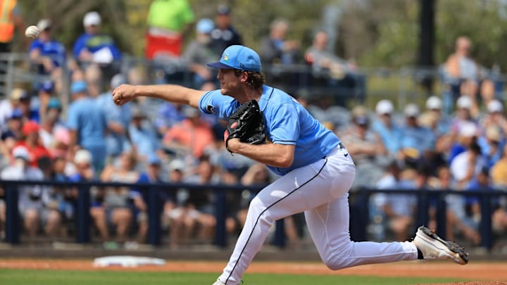 Feb 27, 2026; Port Charlotte, Florida, USA; Tampa Bay Rays pitcher Jake Woodford (41) throws a pitch during the third inning against the Toronto Blue Jays at Charlotte Sports Park. Mandatory Credit: Kim Klement Neitzel-Imagn Images