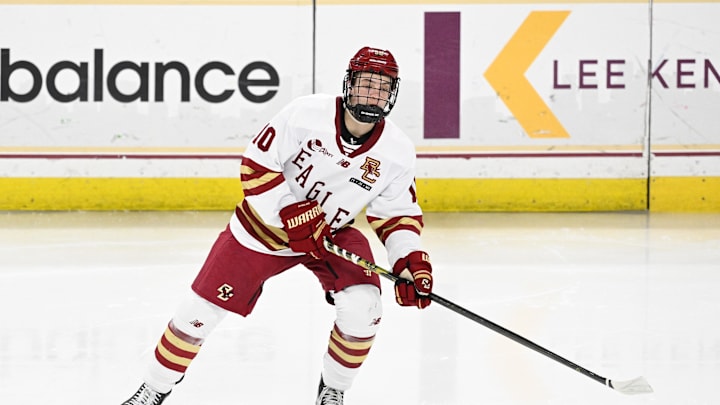 Feb 28, 2025; Chestnut Hill, MA, USA; Boston College forward James Hagens (10) skates against the University of New Hampshire