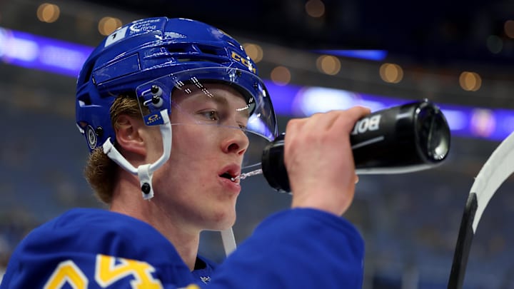 Apr 6, 2025; Buffalo, New York, USA;  Buffalo Sabres defenseman Jacob Bernard-Docker (24) gets a drink during warmups before a game against the Boston Bruins at KeyBank Center. Mandatory Credit: Timothy T. Ludwig-Imagn Images