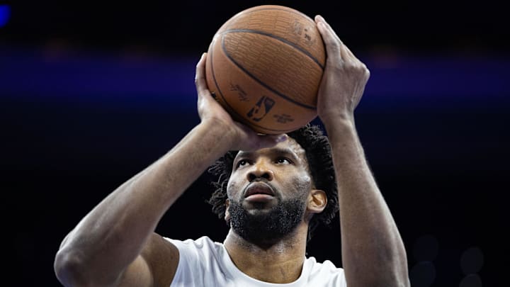 Nov 12, 2024; Philadelphia, Pennsylvania, USA; Philadelphia 76ers center Joel Embiid warms up before action against the New York Knicks at Wells Fargo Center. Mandatory Credit: Bill Streicher-Imagn Images