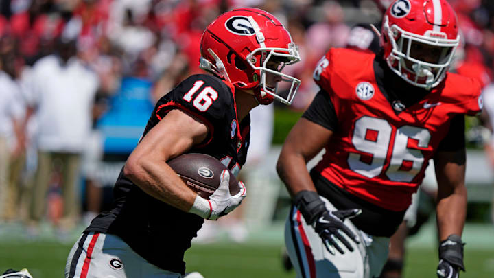Georgia wide receiver London Humphreys (16) moves the rock during the Georgia G-Day spring football game in Athens, Ga., on Saturday, April 12, 2025.