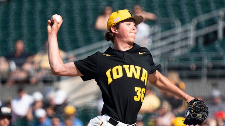 Iowa's Tyler Guerin pitches during game 2 of Iowa vs. Oregon State baseball at Principal Park on May 10, 2025, in Des Moines.