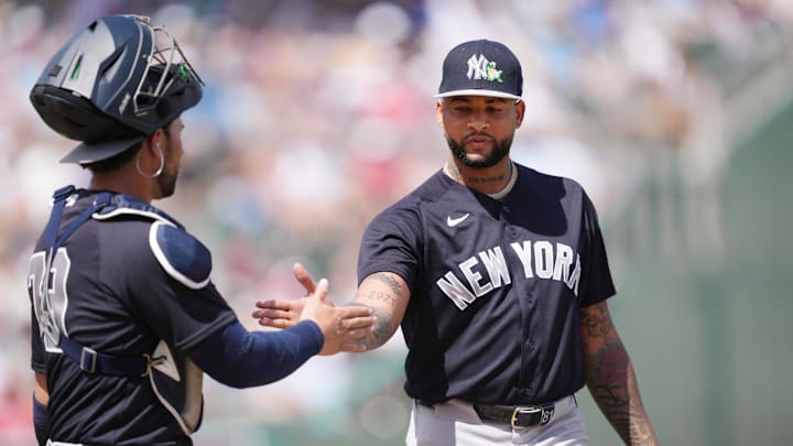 Mar 4, 2026; Fort Myers, Florida, USA; New York Yankees catcher Payton Henry (79) congratulates pitcher Luis Gil (81) after the first inning against the Boston Red Sox at JetBlue Park at Fenway South. Mandatory Credit: Jim Rassol-Imagn Images Mar 4, 2026; Fort Myers, Florida, USA; New York Yankees catcher Payton Henry (79) congratulates pitcher Luis Gil (81) after the first inning against the Boston Red Sox at JetBlue Park at Fenway South. Mandatory Credit: Jim Rassol-Imagn Images