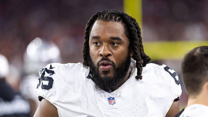 Aug 23, 2025; Glendale, Arizona, USA; Las Vegas Raiders guard Dylan Parham (66) against the Arizona Cardinals during a preseason NFL game at State Farm Stadium. Mandatory Credit: Mark J. Rebilas-Imagn Images