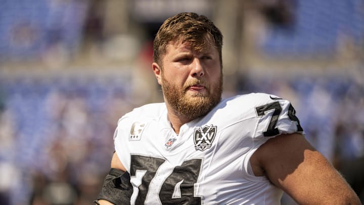 Sep 15, 2024; Baltimore, Maryland, USA; Las Vegas Raiders offensive tackle Kolton Miller (74) before the game against the Baltimore Ravens at M&T Bank Stadium. Mandatory Credit: Tommy Gilligan-Imagn Images Sep 15, 2024; Baltimore, Maryland, USA; Las Vegas Raiders offensive tackle Kolton Miller (74) before the game against the Baltimore Ravens at M&T Bank Stadium. Mandatory Credit: Tommy Gilligan-Imagn Images