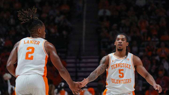 Tennessee guard Chaz Lanier (2) and Tennessee guard Zakai Zeigler (5) high-five during an NCAA basketball game between the Tennessee Volunteers and UT Martin Skyhawks at Thompson-Boling Arena at Food City Center on Wednesday, Nov. 27, 2024. Mandatory Credit: Angelina Alcantar/USA TODAY NETWORK via Imagn Images