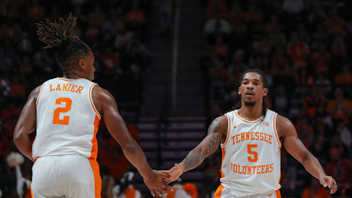 Tennessee guard Chaz Lanier (2) and Tennessee guard Zakai Zeigler (5) high-five during an NCAA basketball game between the Tennessee Volunteers and UT Martin Skyhawks at Thompson-Boling Arena at Food City Center on Wednesday, Nov. 27, 2024.