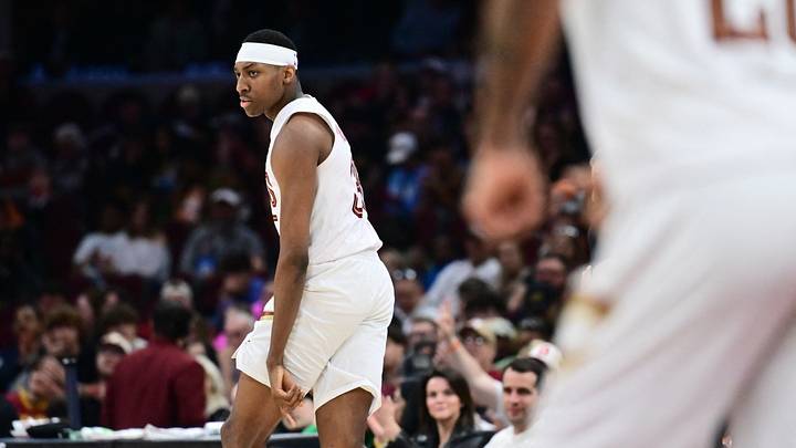 Apr 12, 2026; Cleveland, Ohio, USA; Cleveland Cavaliers forward Nae'qwan Tomlin (35) celebrates after hitting a three point basket against the Washington Wizards during the second half at Rocket Arena. Mandatory Credit: Ken Blaze-Imagn Images