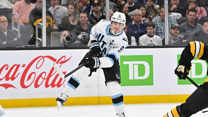 Oct 8, 2026; Boston, Massachusetts, USA; Utah Mammoth right wing Clayton Keller (9) shoots the puck against Jeremy Swayman (not pictured) during the second period at TD Garden. Mandatory Credit: Eric Canha-Imagn Images
