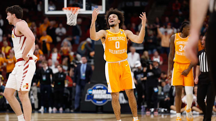 Mar 27, 2026; Chicago, IL, USA; Tennessee Volunteers guard Ja'Kobi Gillespie (0) reacts in the second half against the Iowa State Cyclones during a Sweet Sixteen game of the Midwest Regional of the men's 2026 NCAA Tournament at United Center. Mandatory Credit: Kamil Krzaczynski-Imagn Images Mar 27, 2026; Chicago, IL, USA; Tennessee Volunteers guard Ja'Kobi Gillespie (0) reacts in the second half against the Iowa State Cyclones during a Sweet Sixteen game of the Midwest Regional of the men's 2026 NCAA Tournament at United Center. Mandatory Credit: Kamil Krzaczynski-Imagn Images