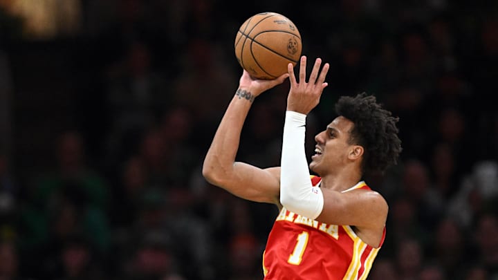 Jan 18, 2025; Boston, Massachusetts, USA; Atlanta Hawks forward Jalen Johnson (1) attempts a basket against the Boston Celtics during the third quarter at the TD Garden. Mandatory Credit: Brian Fluharty-Imagn Images