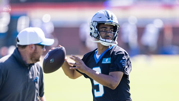Jul 26, 2025; Charlotte, NC, USA; Carolina Panthers quarterback Bryce Young (9) throws during practice at training camp. Mandatory Credit: Scott Kinser-Imagn Images Jul 26, 2025; Charlotte, NC, USA; Carolina Panthers quarterback Bryce Young (9) throws during practice at training camp. Mandatory Credit: Scott Kinser-Imagn Images