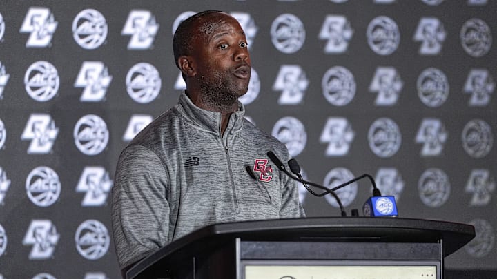 Oct 10, 2024; Charlotte, NC, USA;  Boston College head coach Earl Grant answers questions from the media at The Hilton Charlotte Uptown. Mandatory Credit: Jim Dedmon-Imagn Images