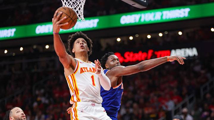 Apr 23, 2026; Atlanta, Georgia, USA; Atlanta Hawks forward Jalen Johnson (1) shoots past New York Knicks forward Og Anunoby (8) in the third quarter during game three of the first round of the 2026 NBA Playoffs at State Farm Arena. Mandatory Credit: Brett Davis-Imagn Images Apr 23, 2026; Atlanta, Georgia, USA; Atlanta Hawks forward Jalen Johnson (1) shoots past New York Knicks forward Og Anunoby (8) in the third quarter during game three of the first round of the 2026 NBA Playoffs at State Farm Arena. Mandatory Credit: Brett Davis-Imagn Images