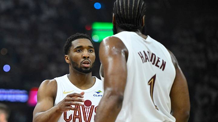 Apr 29, 2026; Cleveland, Ohio, USA; Cleveland Cavaliers guard Donovan Mitchell (45) talks to guard James Harden (1) against the Toronto Raptors in the first quarter of game five of the first round of the 2026 NBA Playoffs at Rocket Arena. Mandatory Credit: David Richard-Imagn Images Apr 29, 2026; Cleveland, Ohio, USA; Cleveland Cavaliers guard Donovan Mitchell (45) talks to guard James Harden (1) against the Toronto Raptors in the first quarter of game five of the first round of the 2026 NBA Playoffs at Rocket Arena. Mandatory Credit: David Richard-Imagn Images