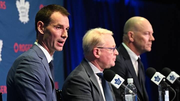 May 4, 2026; Toronto, Ontario, CANADA; Toronto Maple Leafs general manager John Chayka answers media questions beside Maple Leafs Sports and Entertainment CEO Keith Pelley and senior executive advisor Mats Sundin during an introductory news conference at Real Sports Bar and Grill. Mandatory Credit: Dan Hamilton-Imagn Images May 4, 2026; Toronto, Ontario, CANADA; Toronto Maple Leafs general manager John Chayka answers media questions beside Maple Leafs Sports and Entertainment CEO Keith Pelley and senior executive advisor Mats Sundin during an introductory news conference at Real Sports Bar and Grill. Mandatory Credit: Dan Hamilton-Imagn Images