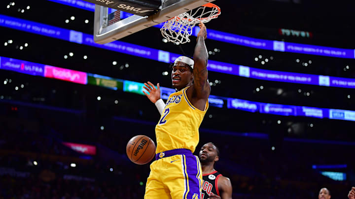 Jan 25, 2024; Los Angeles, California, USA; Los Angeles Lakers forward Jarred Vanderbilt (2) dunks for the basket against the Los Angeles Lakers during the first half at Crypto.com Arena. Mandatory Credit: Gary A. Vasquez-Imagn Images